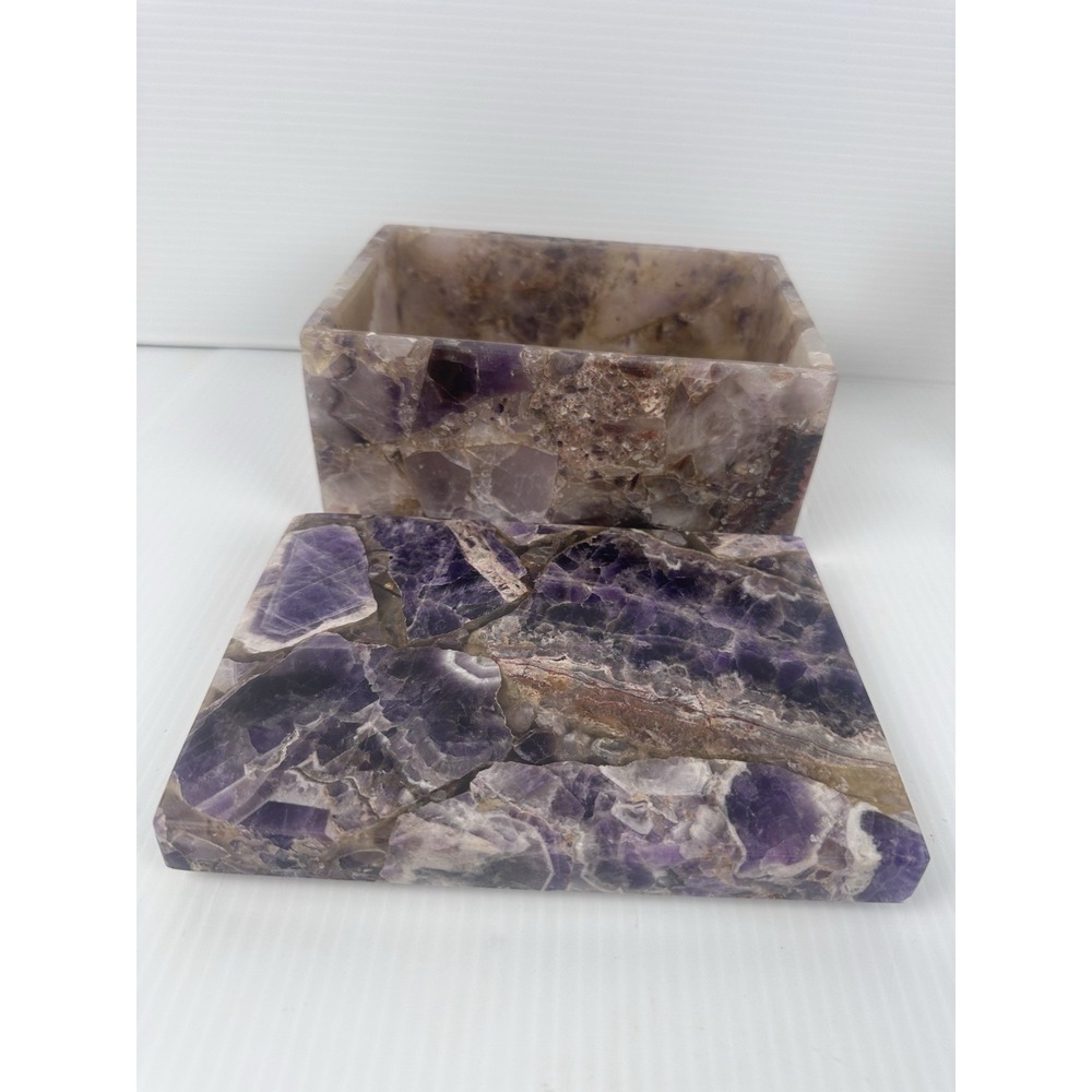 Vintage Amethyst Stone Jewelry Box Purple Crystal Trinket  Box 7"x5"x 3.75" Read